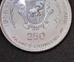 Moneda argint pur, 250 Francs, GUINEEA, 1969